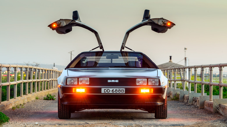 DeLorean parked with doors open