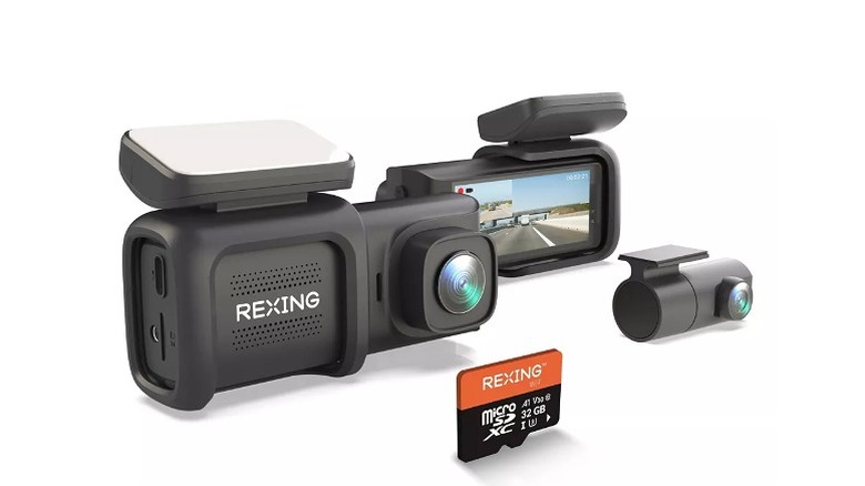 Rexing camera with a lens and SD card