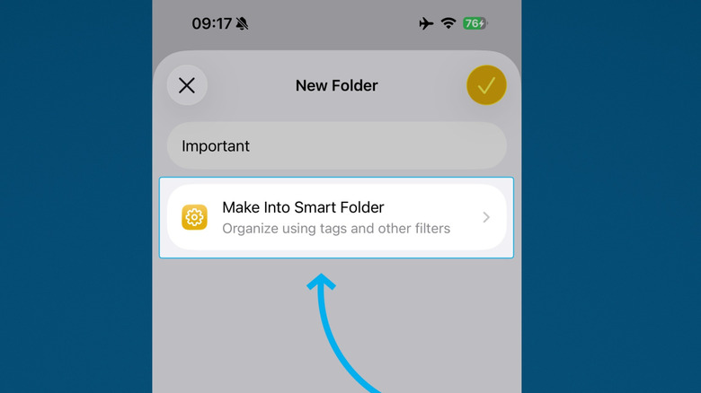 creating a smart folder on Apple Notes, iPhone, blue background