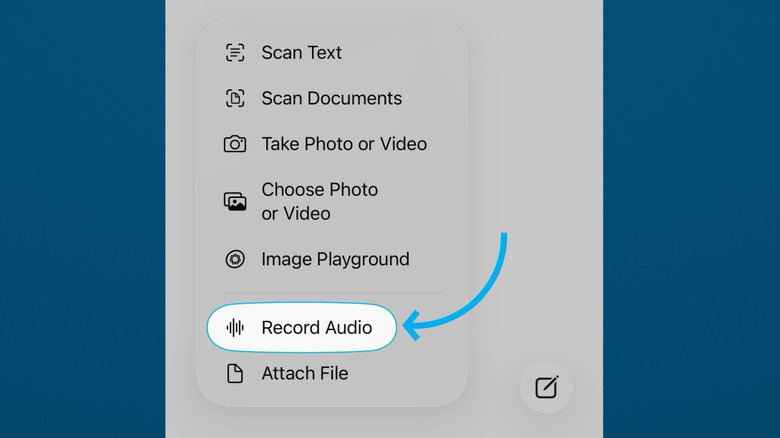 Apple Notes on iPhone option to add audio recording and transcription, blue background