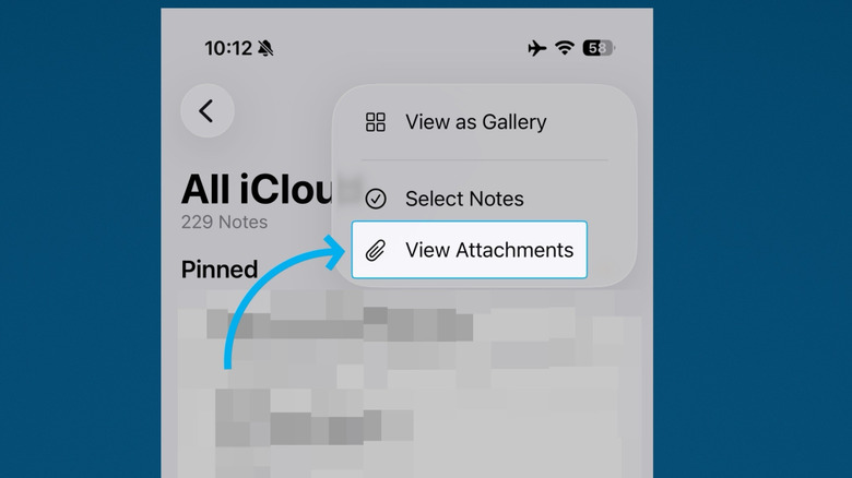Looking at attachments in the Apple Notes app on iPhone, blue background