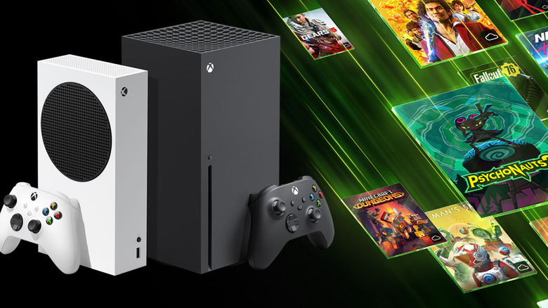 Xbox Series X and S consoles with game tiles streaming diagonally outward.