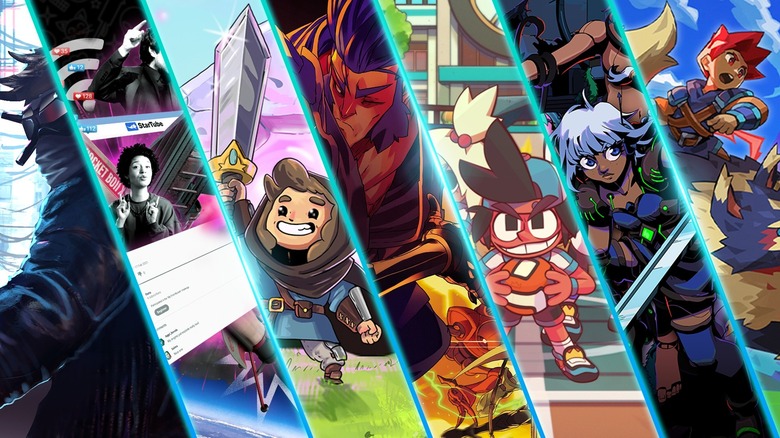 A colorful diagonal collage featuring artwork from various indie video game titles.