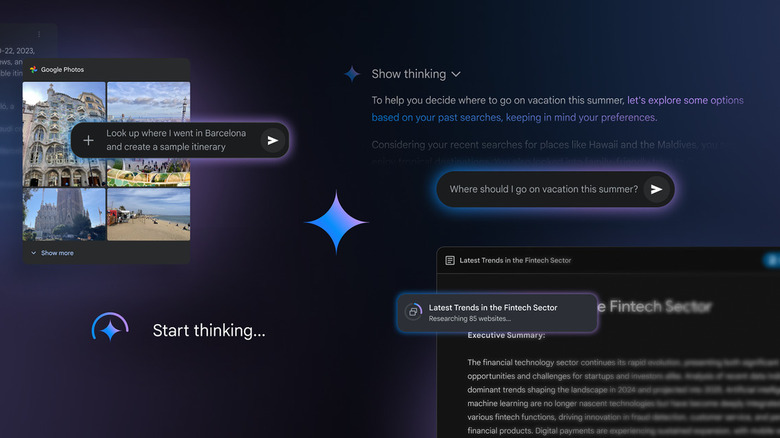 Digital interface showcasing AI reasoning, photo search, and travel planning features.