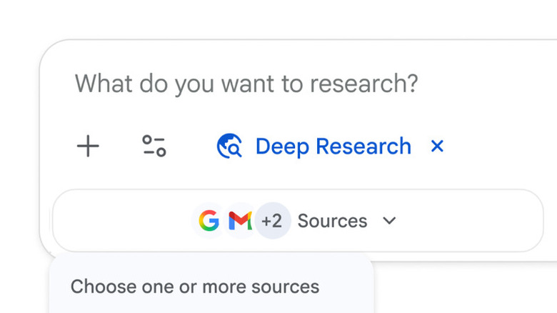 Search menu selecting sources like Gmail and Drive for "Deep Research."