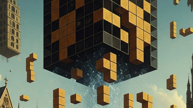 Surreal medieval city scene featuring floating, pixelated yellow and black blocks.