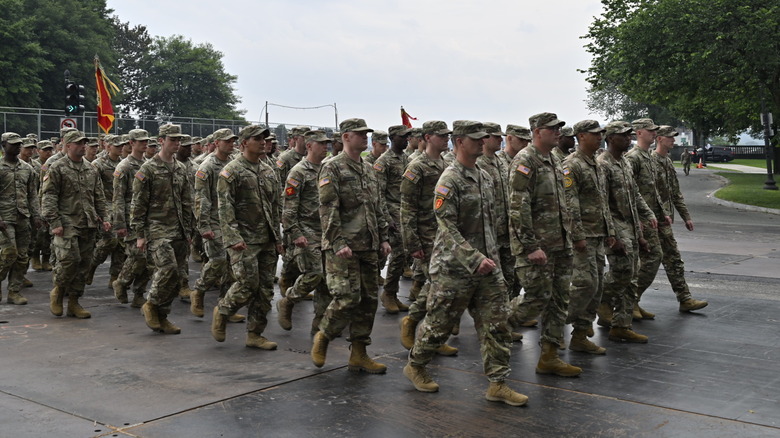 Soldiers marching for the Army's 250th birthday parade