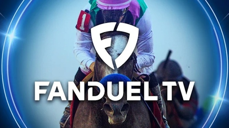 A jockey riding a horse, behind the Fanduel TV logo.