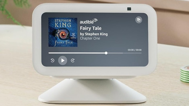 A smart display device plays an Audible audiobook through voice control commands.