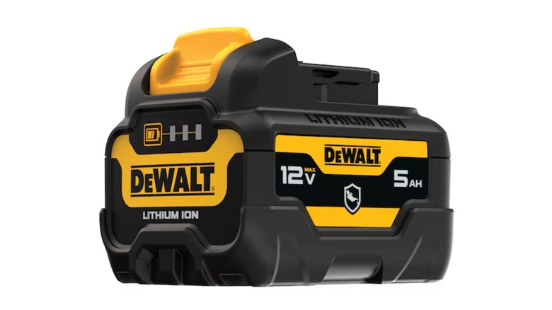 A yellow and black DeWalt lithium-ion battery pack on a white background
