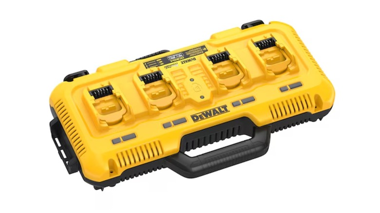 A yellow and black DeWalt tool battery charger on a white background