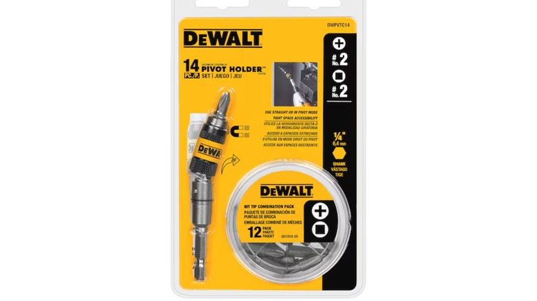 A DeWalt pivot holder set in its original black and yellow packaging