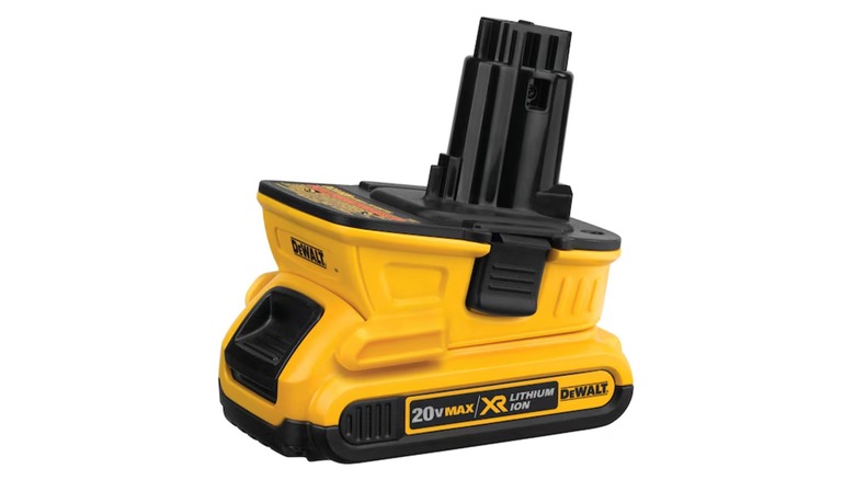 A DeWalt battery adapter unit with a 20v battery inserted into the bottom