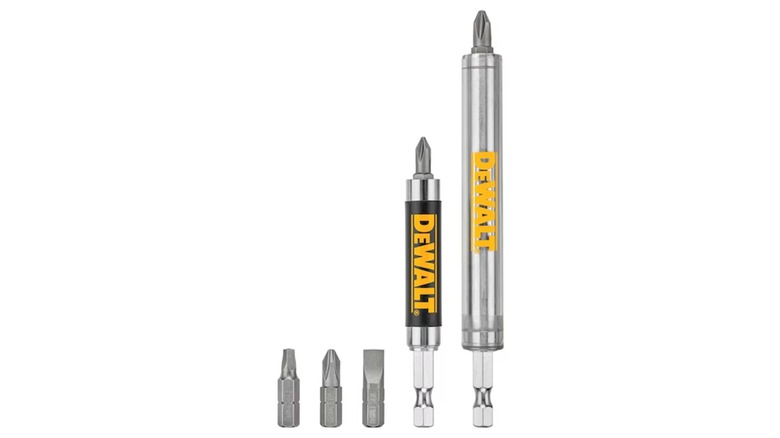 A DeWalt magnetic drive guide set, including five screw bits, on a white background