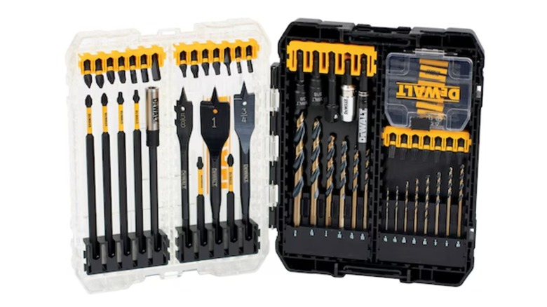 An open DeWalt black and yellow screwdriver bit set case against a white background