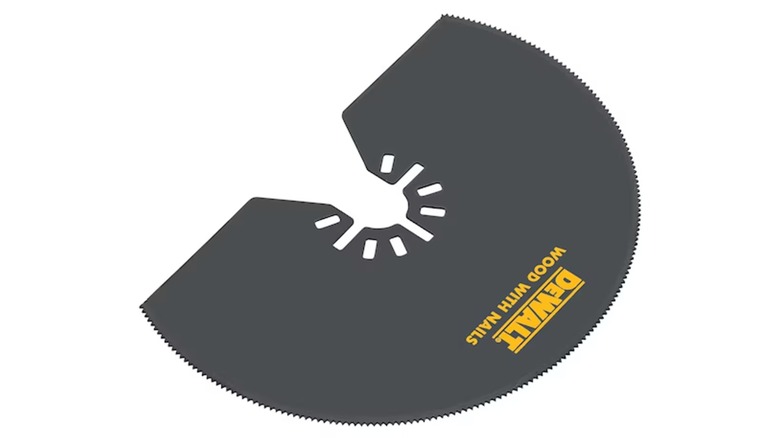 A semicircular DeWalt cutting blade for an oscillating multitool, on a white background