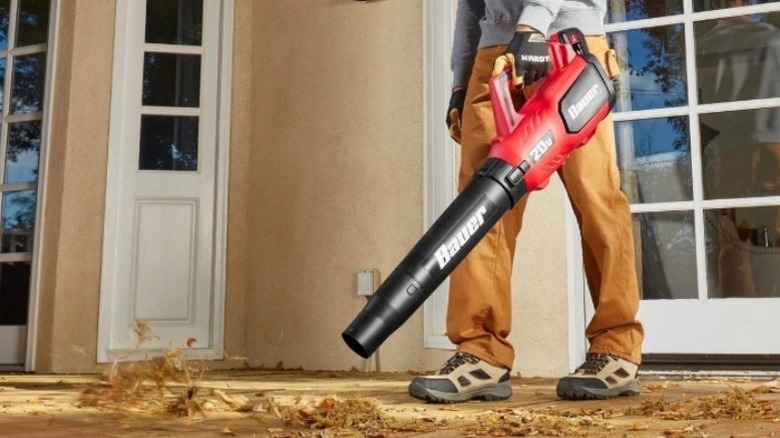 Man holding red and black leaf blower