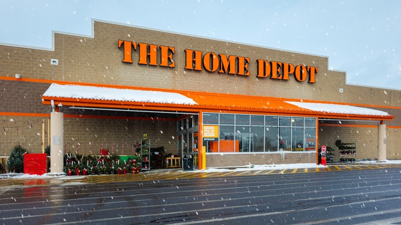 Front of Home Depot store during snowfall