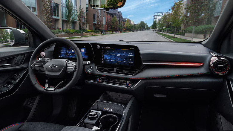 The 2026 Chevrolet Equinox's interior, photographed here from between the driver and passenger seats.