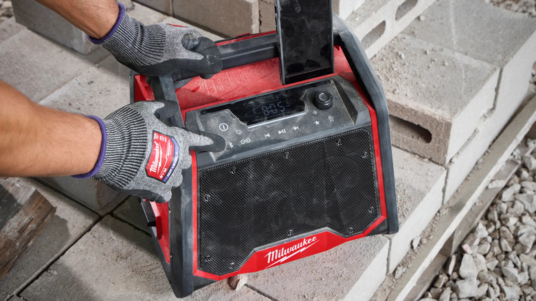 Milwaukee M18 Bluetooth Jobsite Radio and Charger at a jobsite