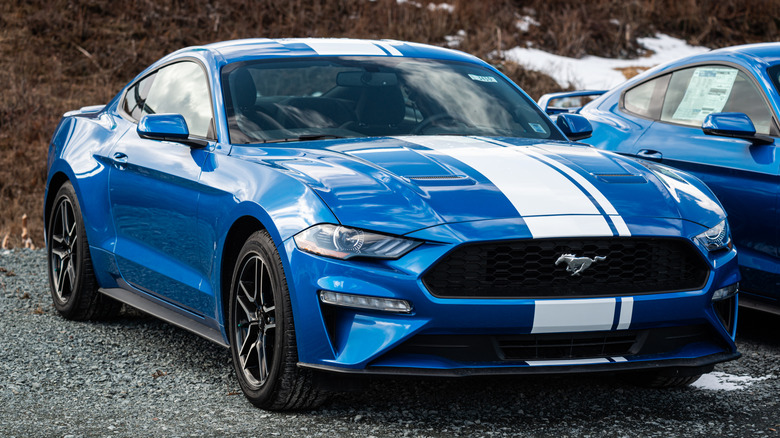 A front end shot of a blue and white 2020 Ford Mustang GT