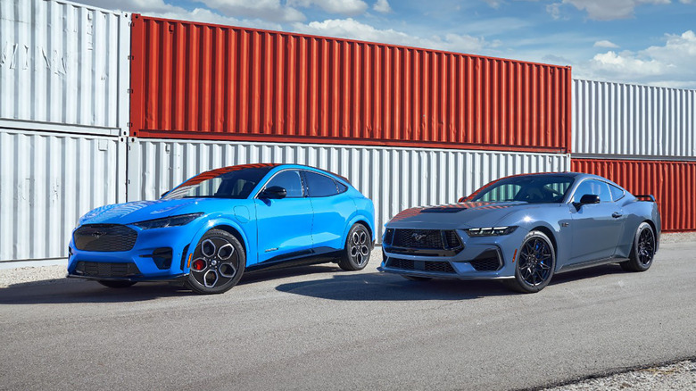 2024 Ford Mustang GT and Mustang Mach E GT parked