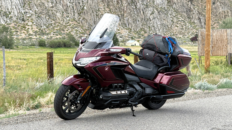 2025 Honda Gold Wing with two full bags strapped to the passenger seat