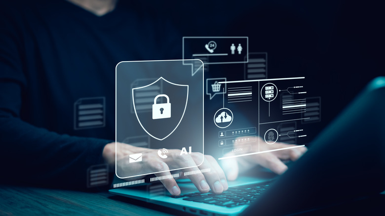 Person typing passwords on a laptop with floating login icons