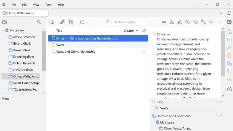 Screenshot of Zotero showing a list of research projects