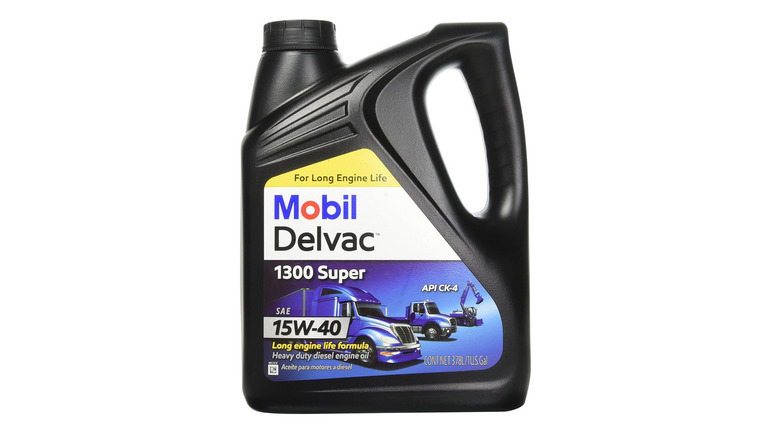 Mobil Delvac oil container on plain background