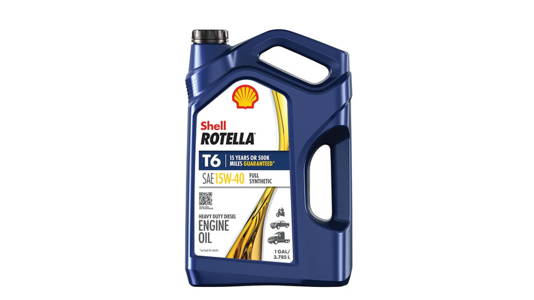 Gallon container of Rotella T6 on white background