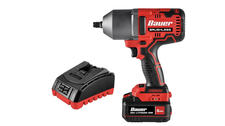 Bauer 20V impact wrench with 5 AH battery and charger on white background
