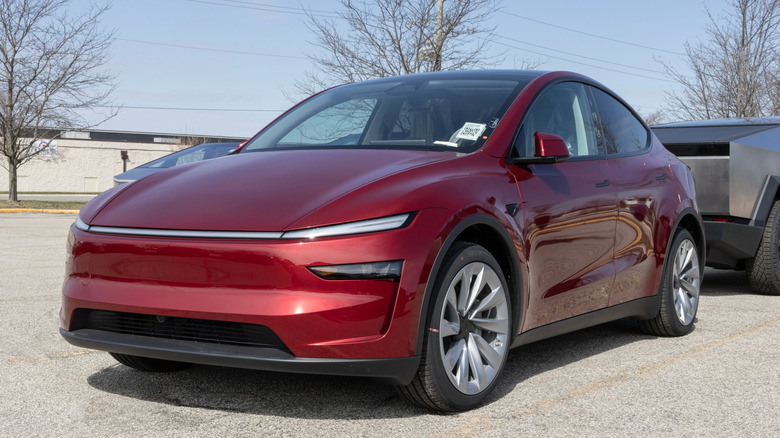 Red Tesla Model Y in parking lot back-to-back with Cybertruck