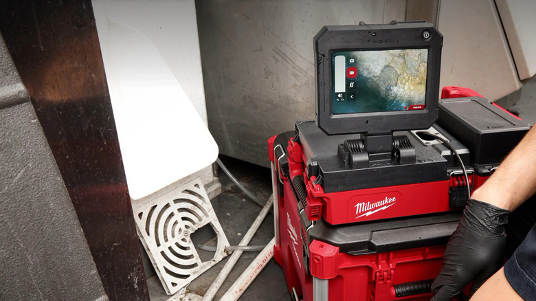 Milwaukee drain camera mounted to a Packout box