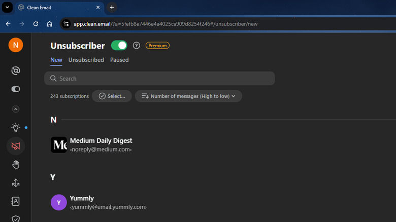 Clean Email dashboard showing list of subscriptions