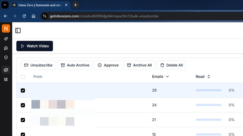 Inbox Zero dashboard showing list of subscriptions