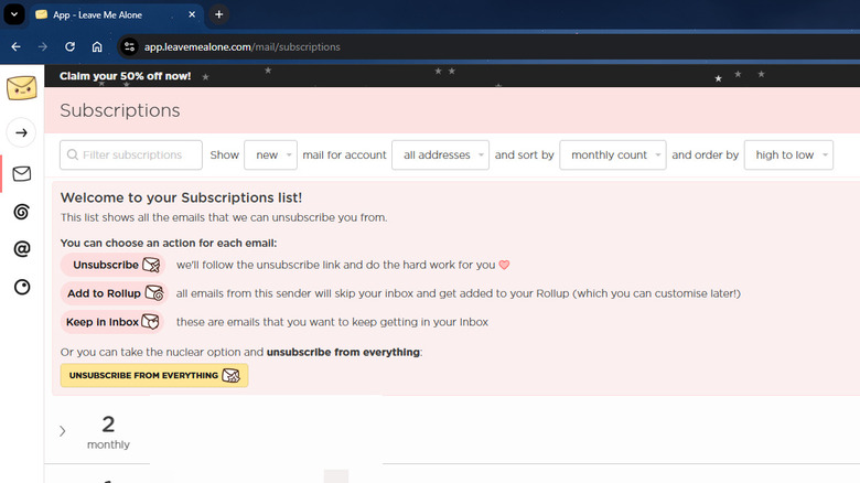 Leave Me Alone dashboard showing list of subscriptions