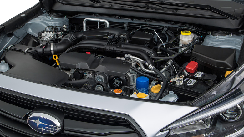 The engine bay of 2018 Subaru Legacy.