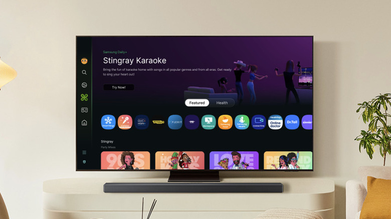 A Samsung Smart TV and sound bar showing Stingray Karaoke.