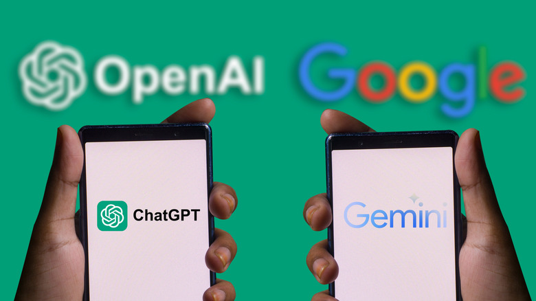 Hands holding smartphones displaying ChatGPT and Gemini logos in front of text saying OpenAI and Google.