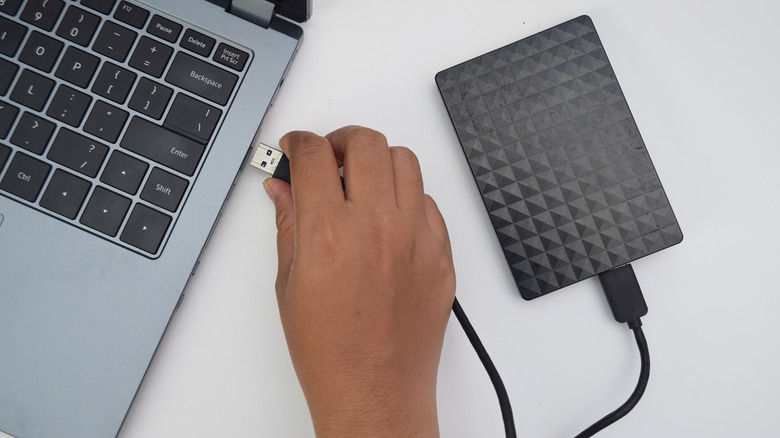A person plugging an external hard drive into a USB port on a laptop