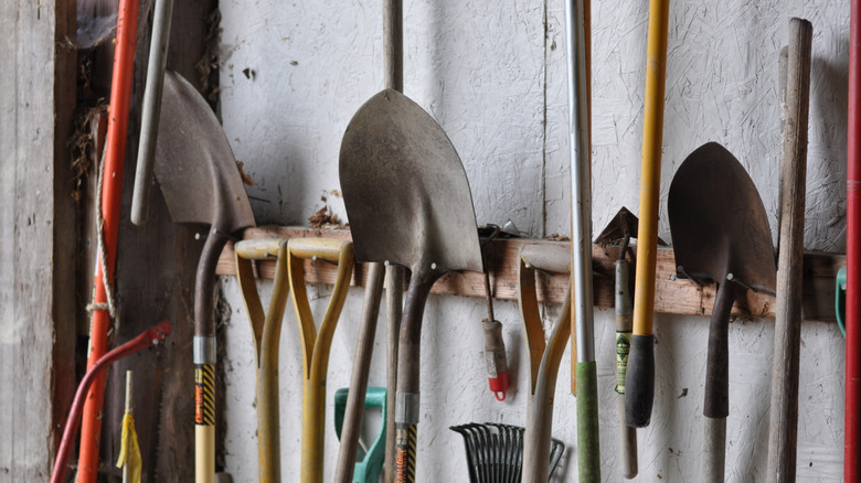 Old garden tools hanging on wall
