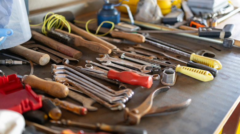 Hand tools on work bench