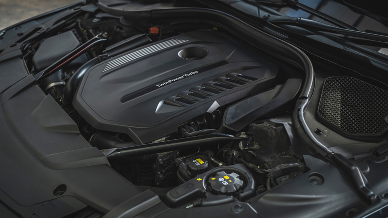 Closeup of a twin-turbo four-cylinder engine