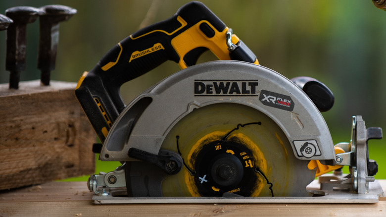 Close up of a DeWalt cordless saw