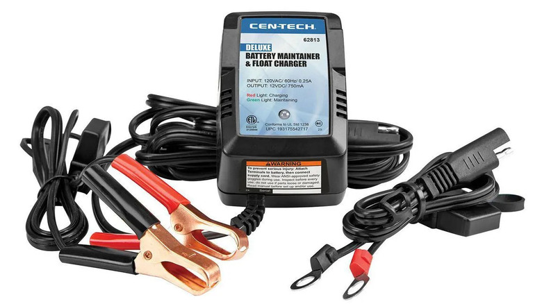 Cen-Tech 0.75 Amp, 12V Deluxe Battery Maintainer and Float Charger on a white background