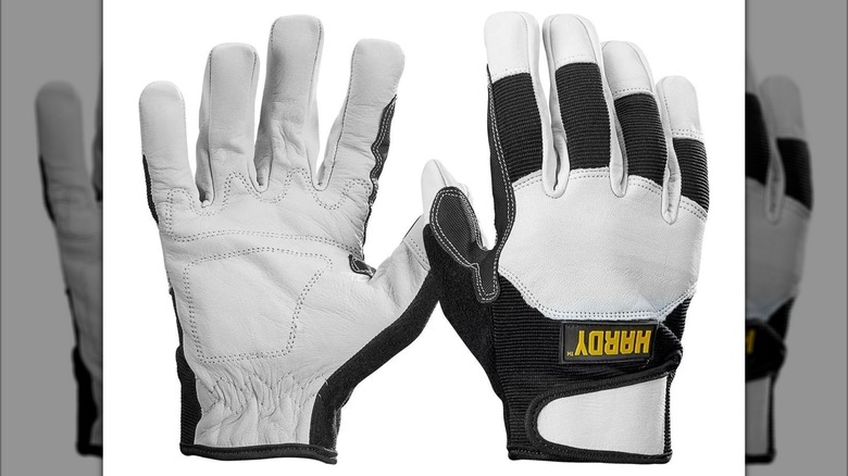 A pair of Hardy goatskin leather work gloves from Harbor Freight.