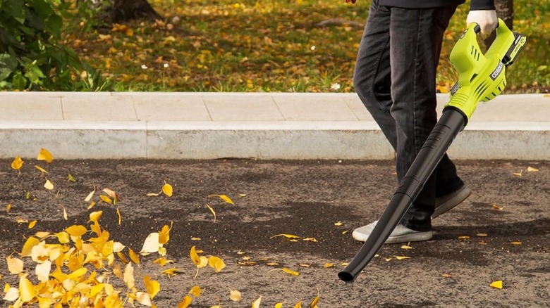person using a Lazyboi cordless leaf blower on autumn leaves in the street