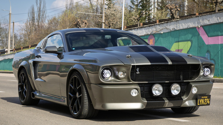 A modern Ford Mustang made to look like the 1967 Eleanor Shelby Mustang, front 3/4 view