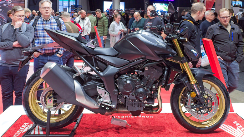 A Honda motorcycle on display.